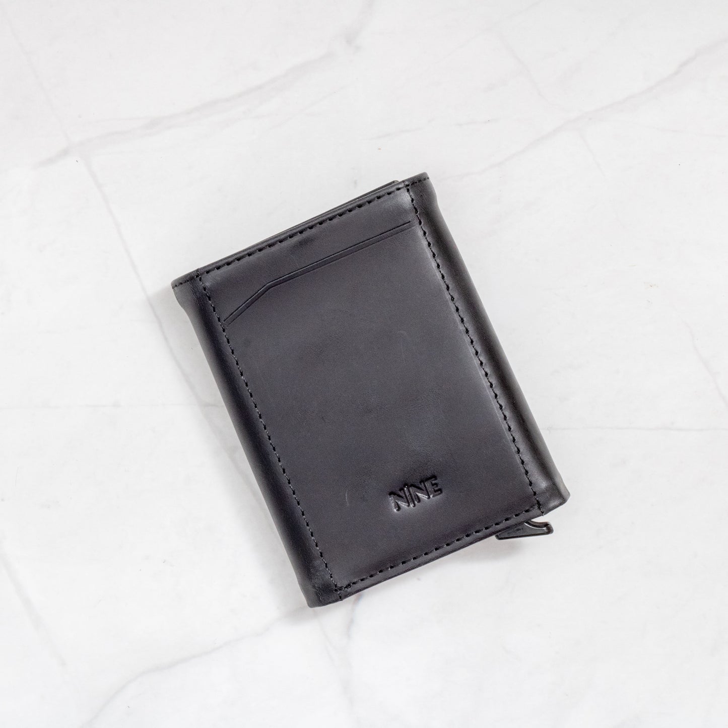 Black Full-Grain Leather Trifold Pop-Up Wallet with quick-view ID window and snap closure