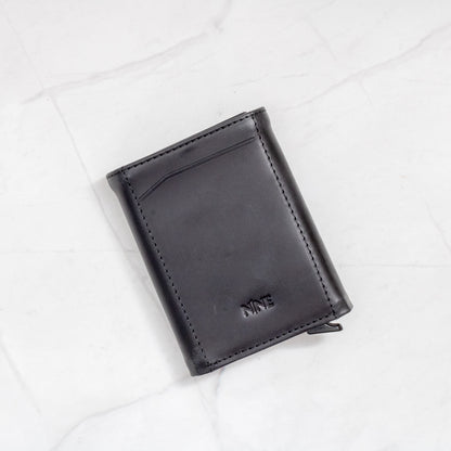 Black Full-Grain Leather Trifold Pop-Up Wallet with quick-view ID window and snap closure