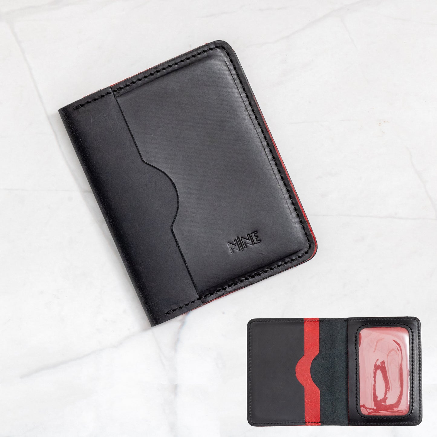 Black and Red two-tone Full-Grain Leather Bifold ID Wallet showing interior color contrast and ID window.