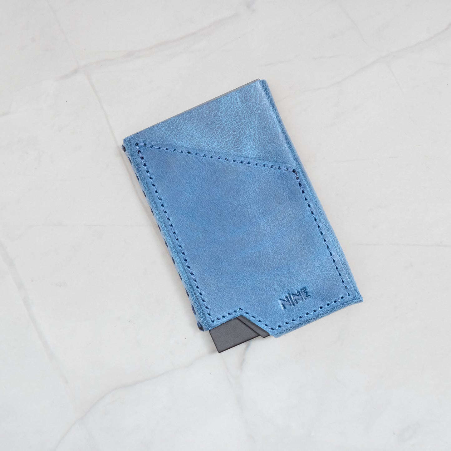 Blue Full-Grain Leather NINE Pop-Up Card Wallet with white contrast stitching