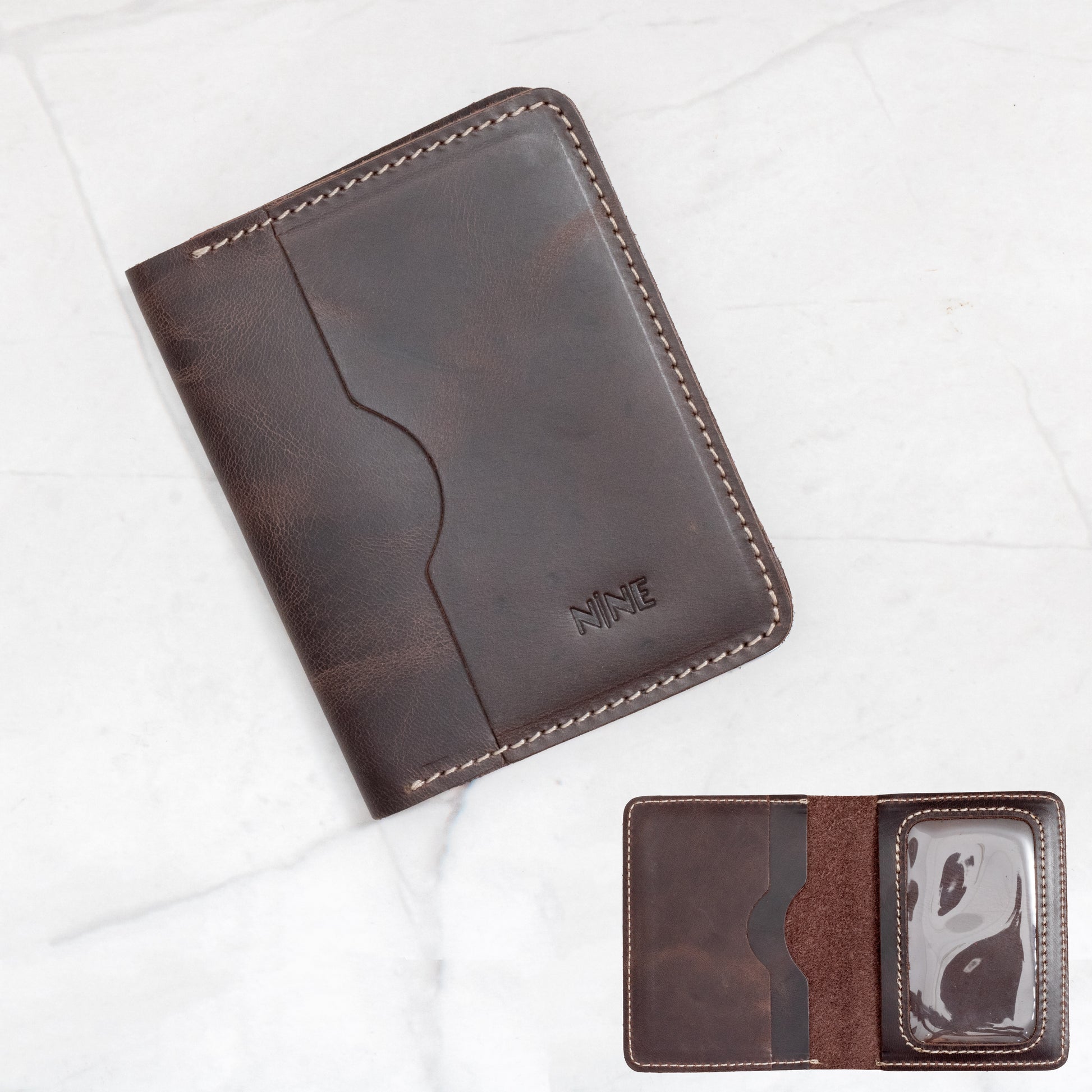 Dark Brown Full-Grain Leather Bifold ID Wallet with quick-view clear window and six card slots.