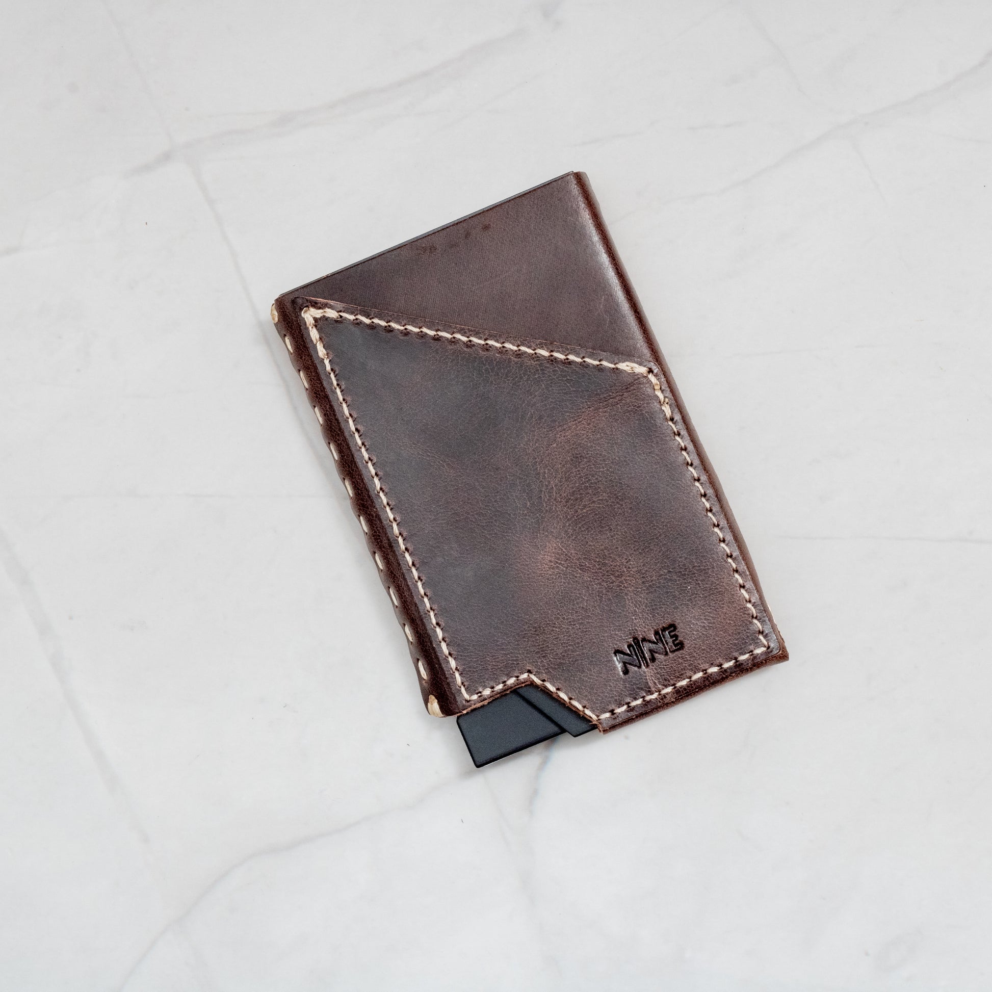 Dark Brown Full-Grain Leather NINE Pop-Up Card Wallet with white contrast stitching