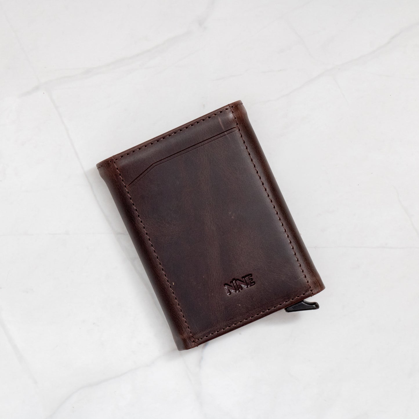 Dark Brown Full-Grain Leather Trifold Pop-Up Wallet with quick-view ID window and snap closure