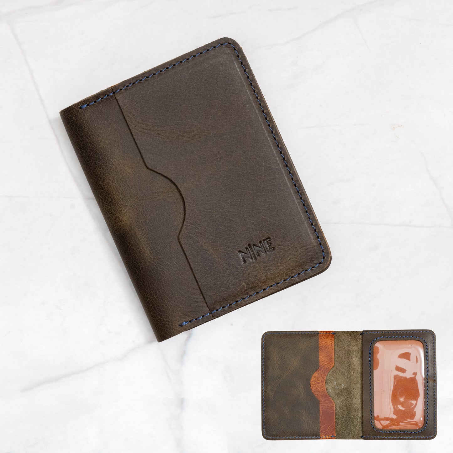 Green and Tan two-tone Full-Grain Leather Bifold ID Wallet showing interior color contrast and ID window.