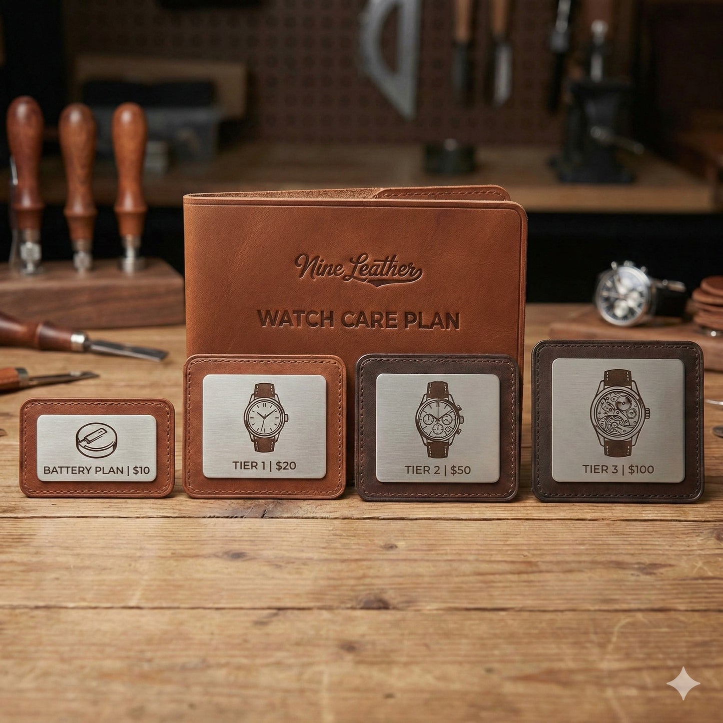 Nine Leather 1-Year Watch Care Plan pricing tiers displayed on leather badges: Battery Service ($10), Tier 1 ($20), Tier 2 ($50), and Tier 3 ($100) for watch repair and protection.