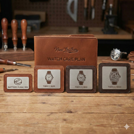 Nine Leather 1-Year Watch Care Plan pricing tiers displayed on leather badges: Battery Service ($10), Tier 1 ($20), Tier 2 ($50), and Tier 3 ($100) for watch repair and protection.