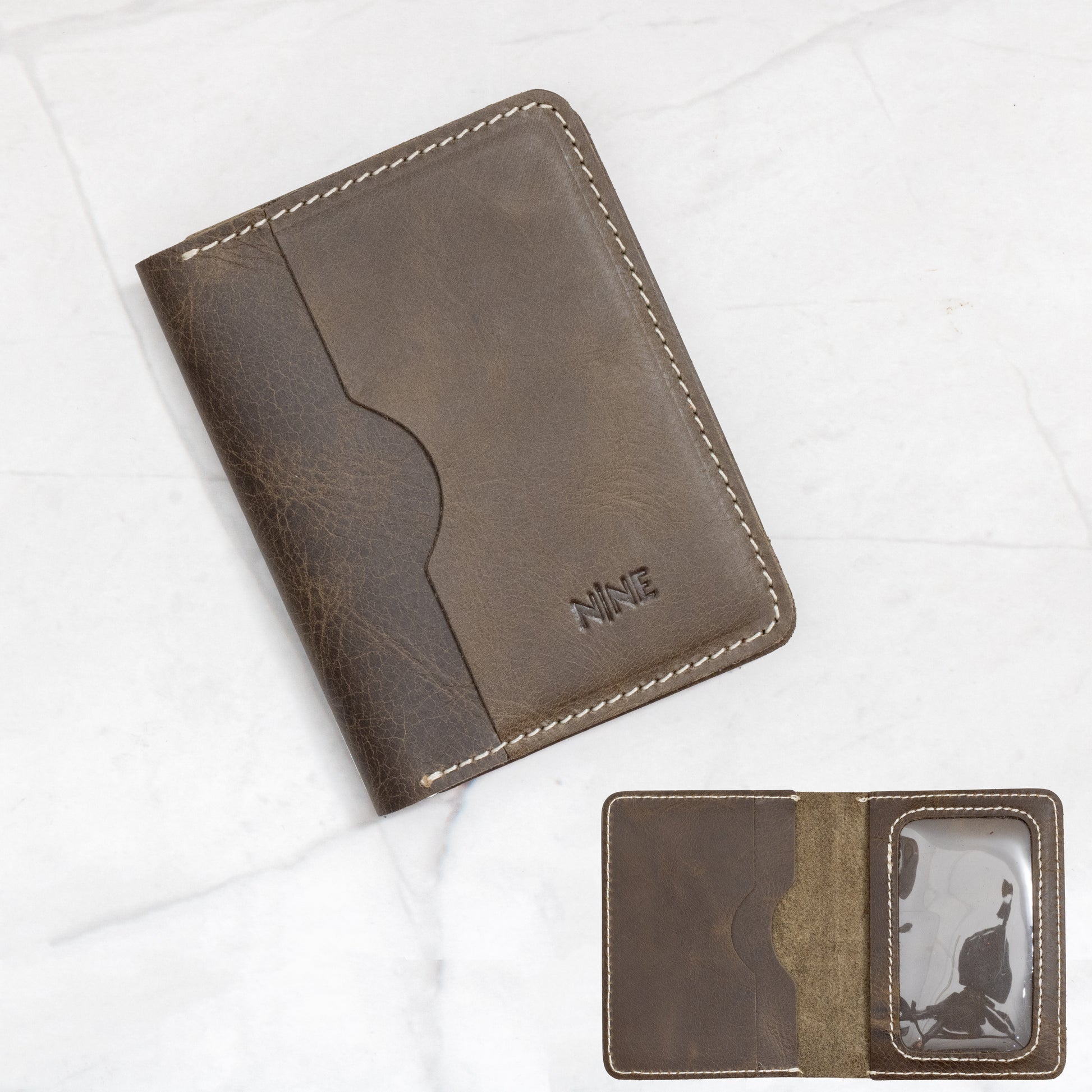 Olive Green Full-Grain Leather Bifold ID Wallet with quick-view clear window and six card slots.