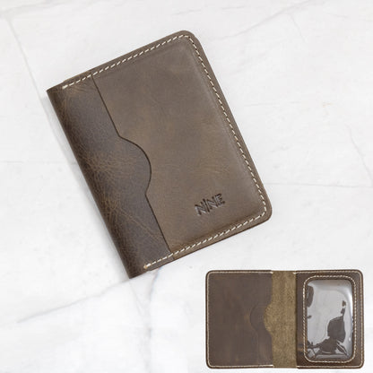 Olive Green Full-Grain Leather Bifold ID Wallet with quick-view clear window and six card slots.