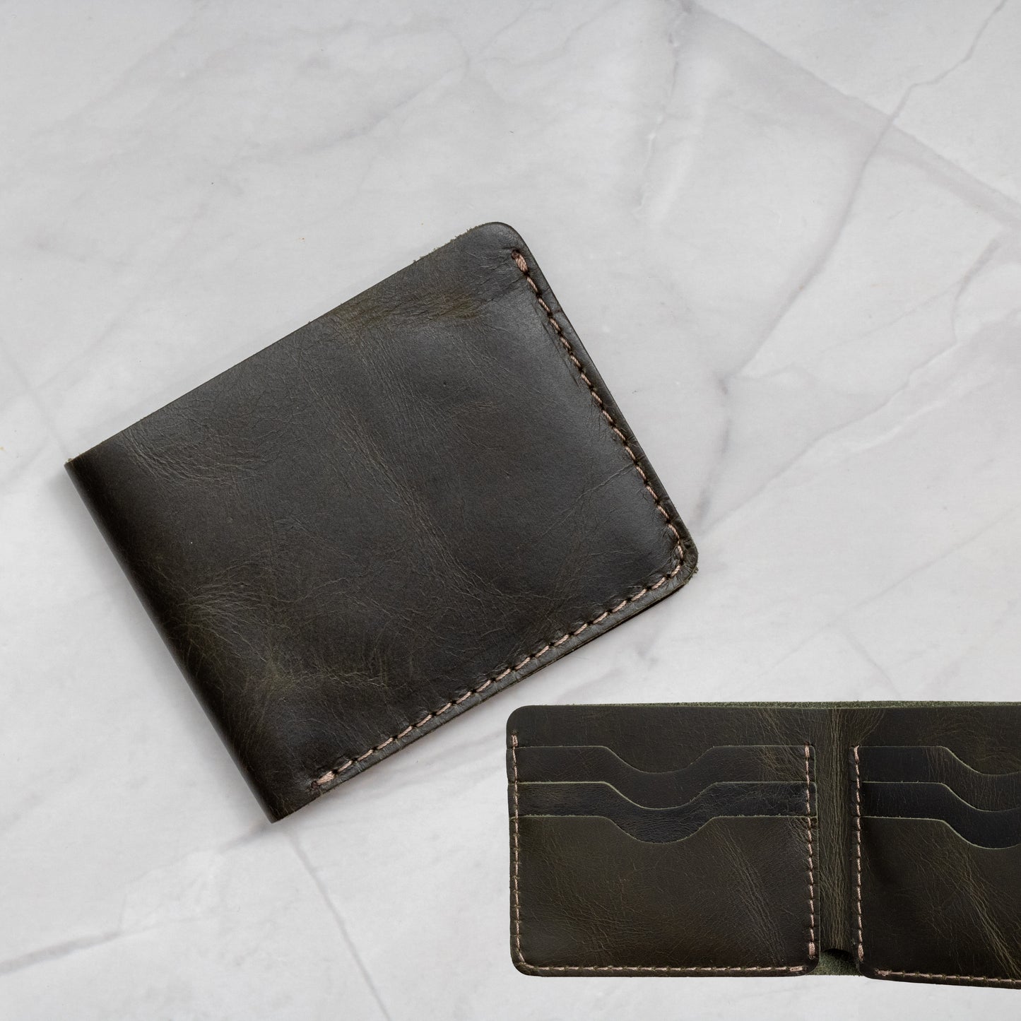 Olive Green Full-Grain Leather Classic Bifold Wallet with a slim profile and 6 card slots.