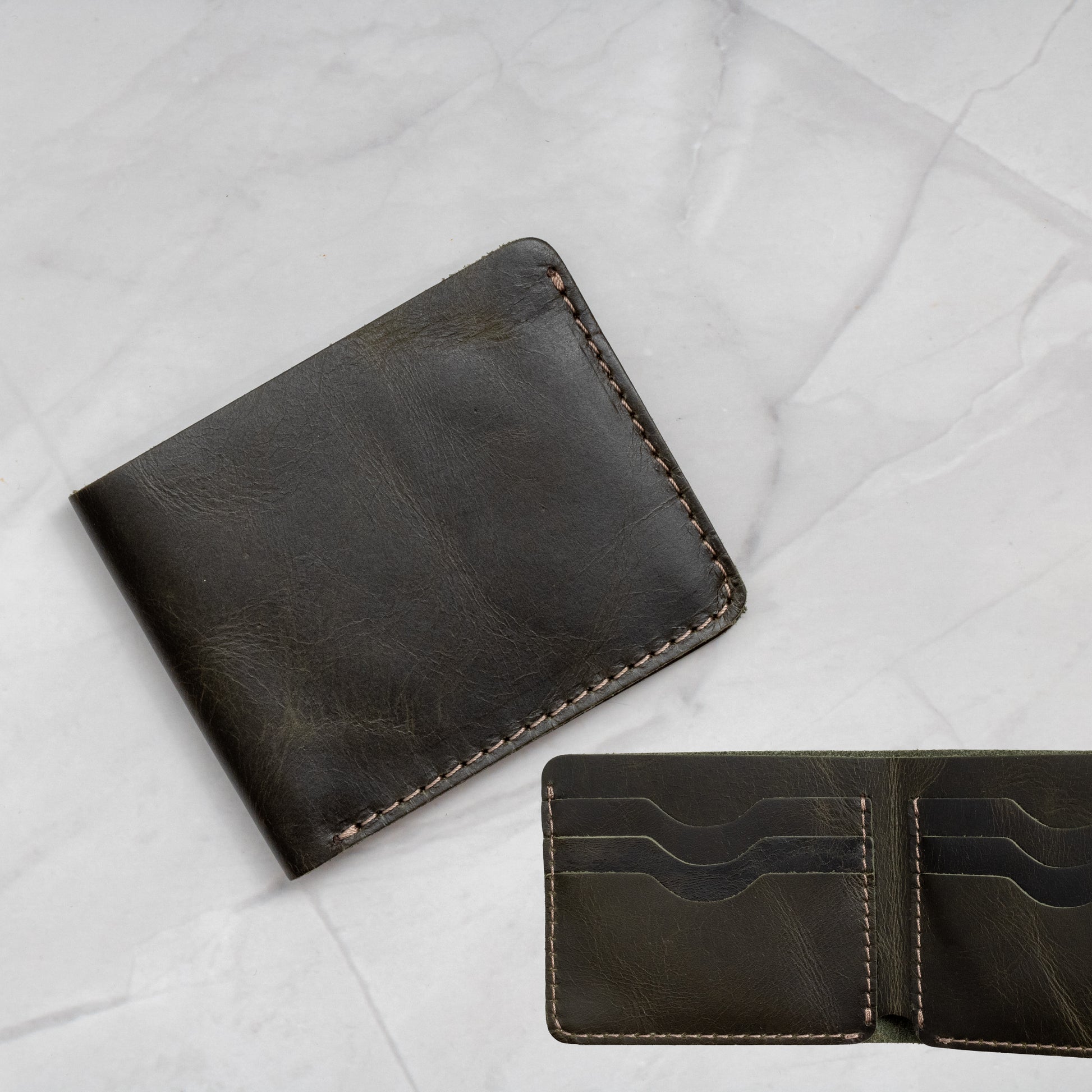 Olive Green Full-Grain Leather Classic Bifold Wallet with a slim profile and 6 card slots.