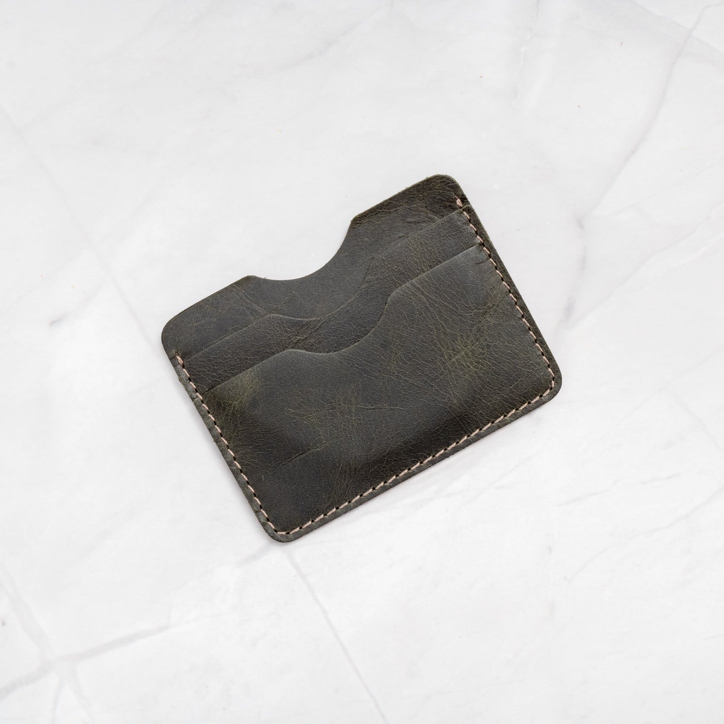 Olive Green Full-Grain Leather Compact Card Wallet (4.0" x 3.0") for essential cards.