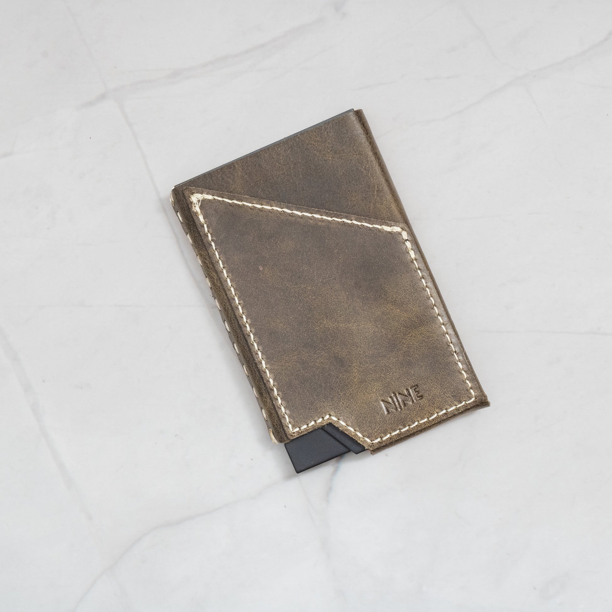 Olive Green Full-Grain Leather NINE Pop-Up Card Wallet with white contrast stitching