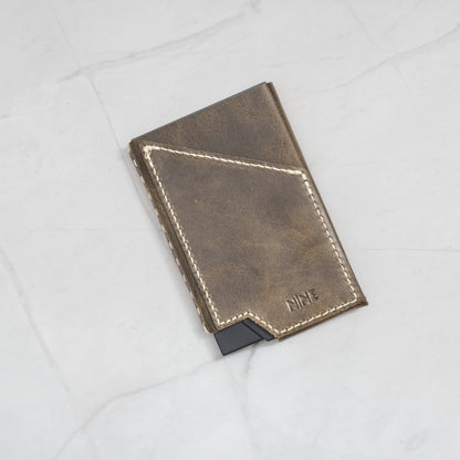 Olive Green Full-Grain Leather NINE Pop-Up Card Wallet with white contrast stitching
