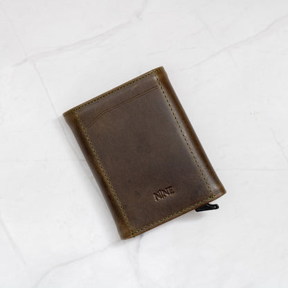 Olive Green Full-Grain Leather Trifold Pop-Up Wallet with quick-view ID window and snap closure