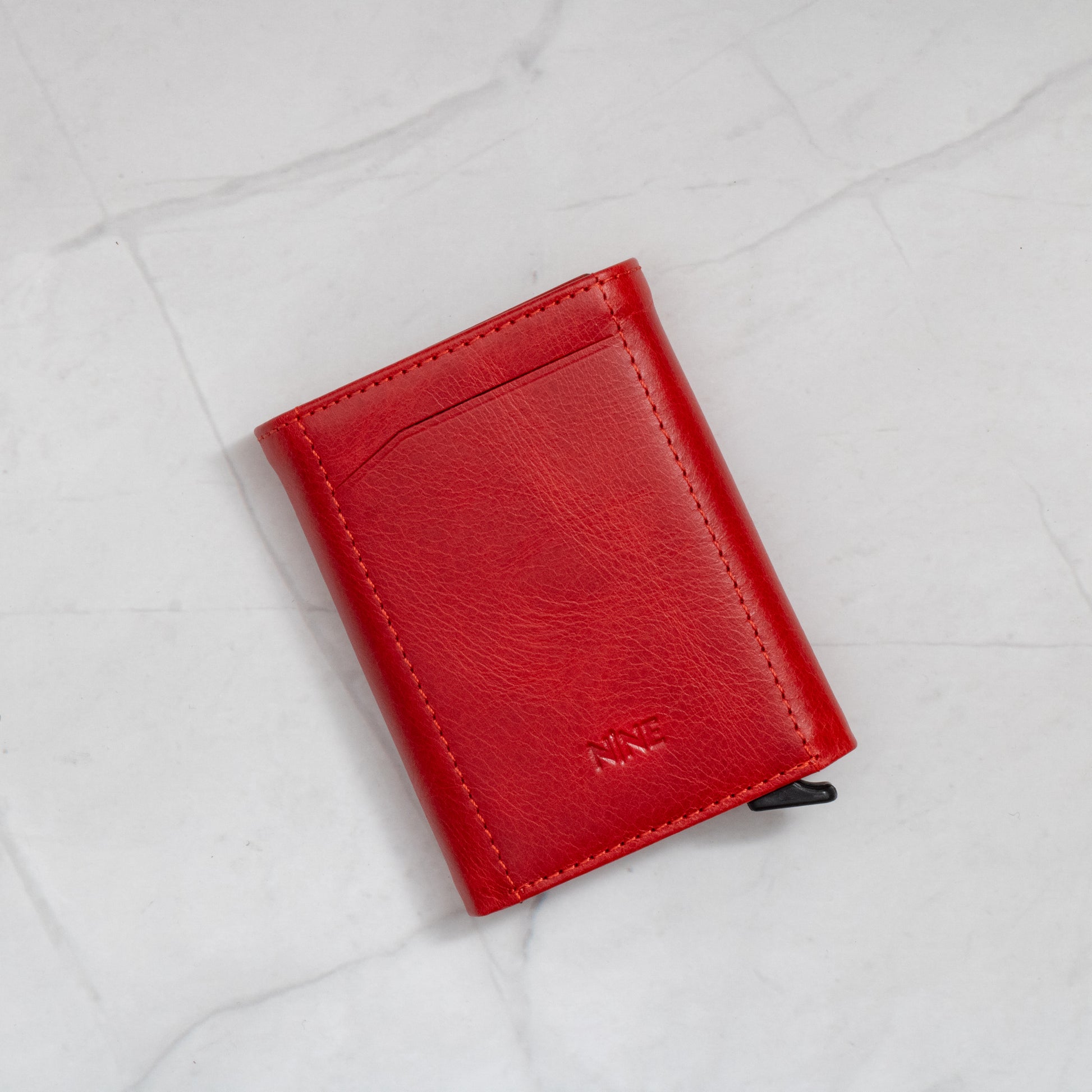 Red Full-Grain Leather Trifold Pop-Up Wallet with quick-view ID window and snap closure