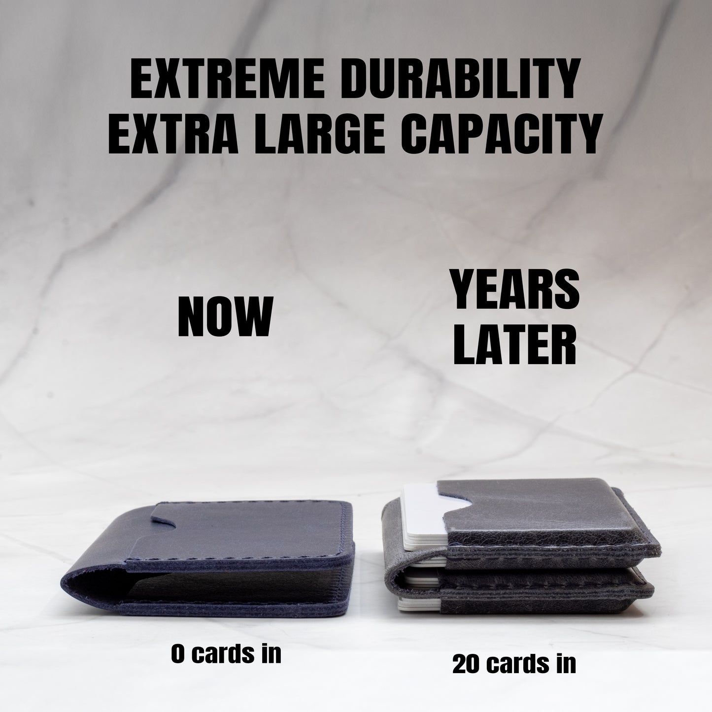 Side-by-side comparison of a Minimalist Bifold Leather Wallet empty versus holding 20 cards, demonstrating extreme slimness and durability.