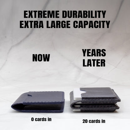 Side-by-side comparison of a Minimalist Bifold Leather Wallet empty versus holding 20 cards, demonstrating extreme slimness and durability.
