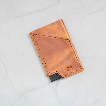 Tan Full-Grain Leather NINE Pop-Up Card Wallet with blue contrast stitching