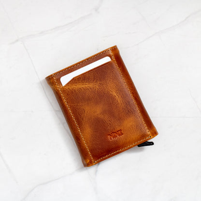 Tan Full-Grain Leather Trifold Pop-Up Wallet with quick-view ID window and snap closure