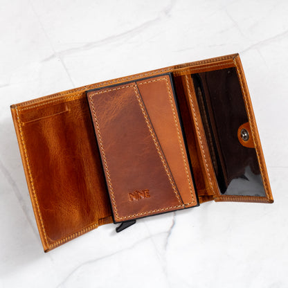 Full view of the open Tan Full-Grain Leather Pop-Up Trifold Wallet showing the central pop-up mechanism and multiple card slots.