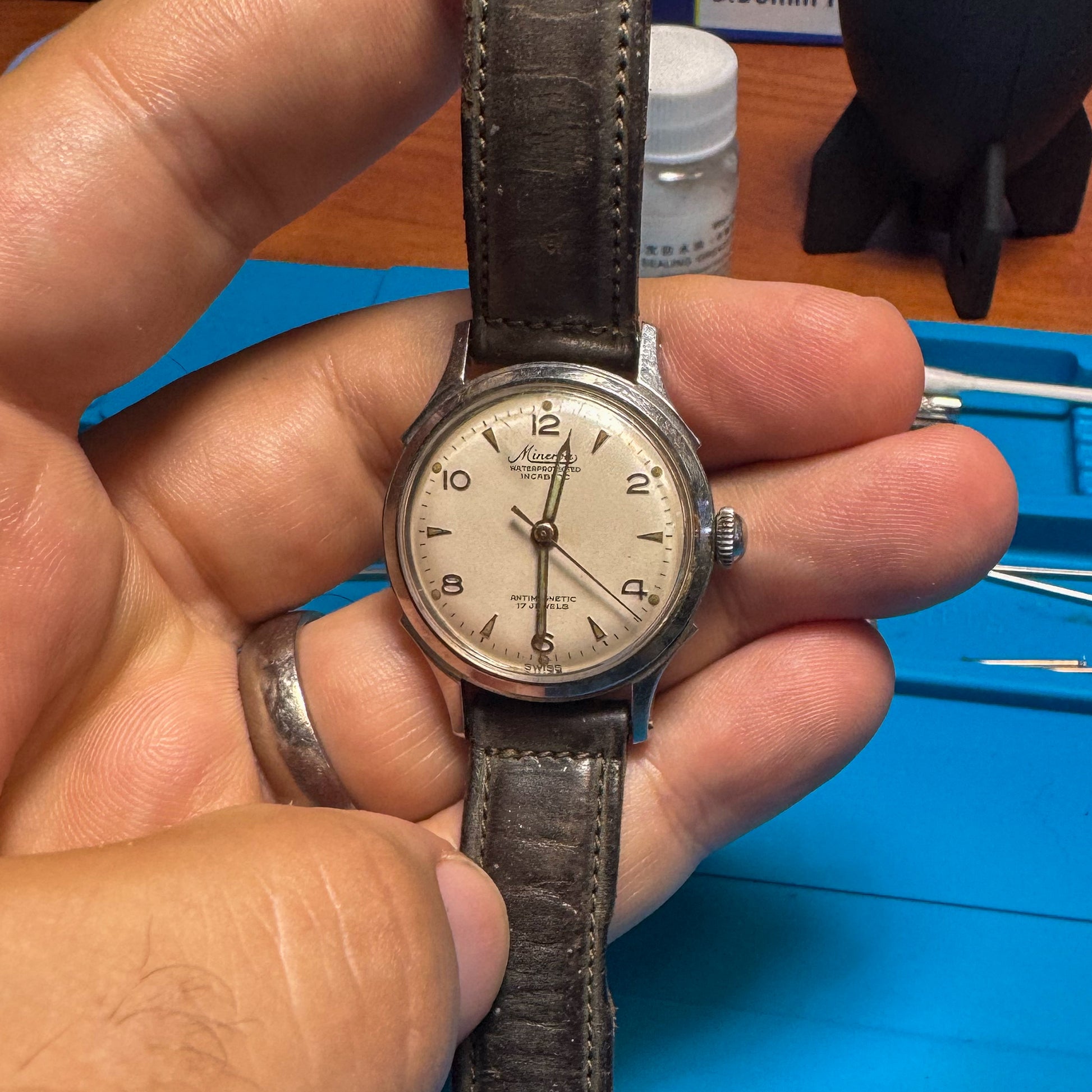 Full frontal view of a vintage 1940s Minerva men's mechanical watch resting in a hand, showing the case and dial proportions.
