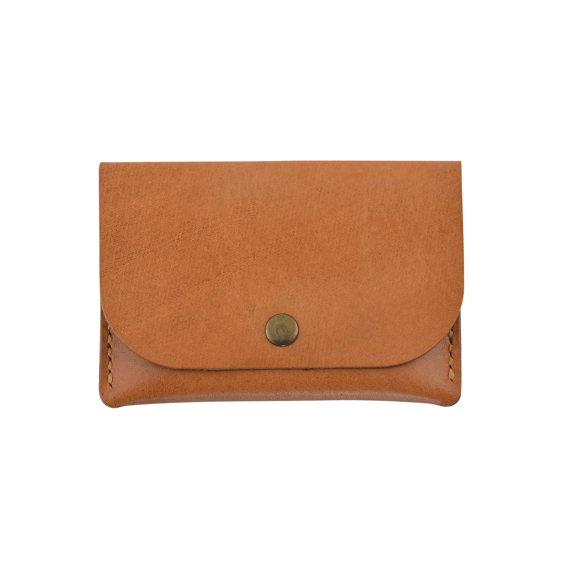 Front look of a tan brown snap wallet by NINE Leather & Watch